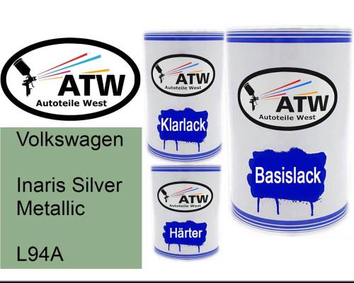 Volkswagen, Inaris Silver Metallic, L94A: 500ml Lackdose + 500ml Klarlack + 250ml Härter - Set, von ATW Autoteile West.